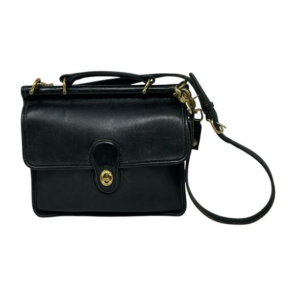 Vintage COACH WILLIS Black Leather Crossbody Satchel Bag Purse Brass 9927 - Picture 2 of 16